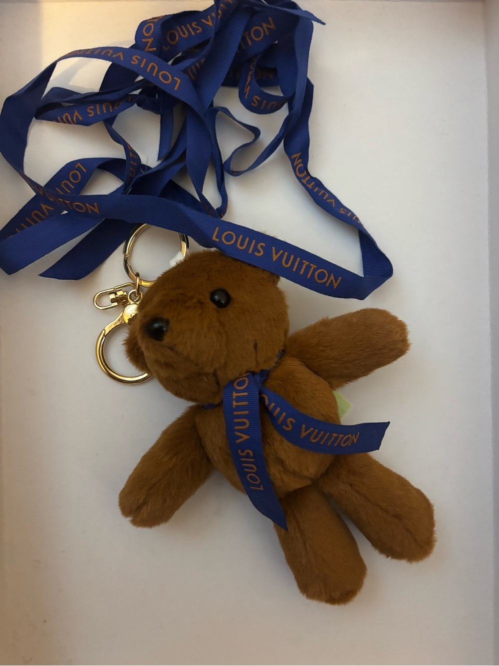 LV Brown Plush Teddy Bear Key Charm with Blue Logo Ribbon